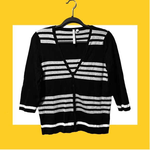 Leo & Nicole S Black & Grey Striped 3/4 Sleeve Cardi Sweater - Picture 7 of 7